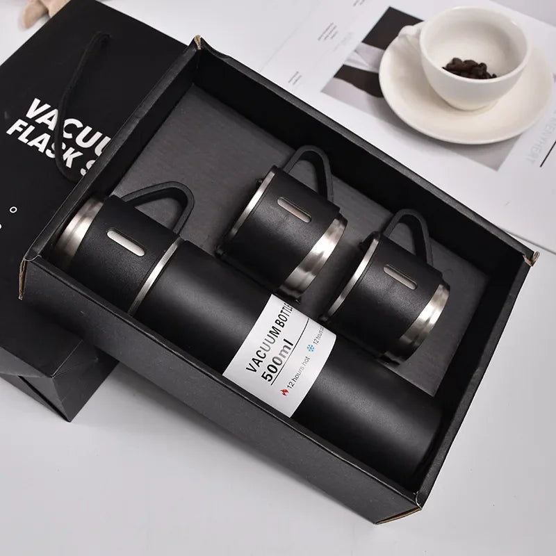 500ml Vacuum Flask Gift Set: 3 Steel Cups, Hot/Cold, Random Color.